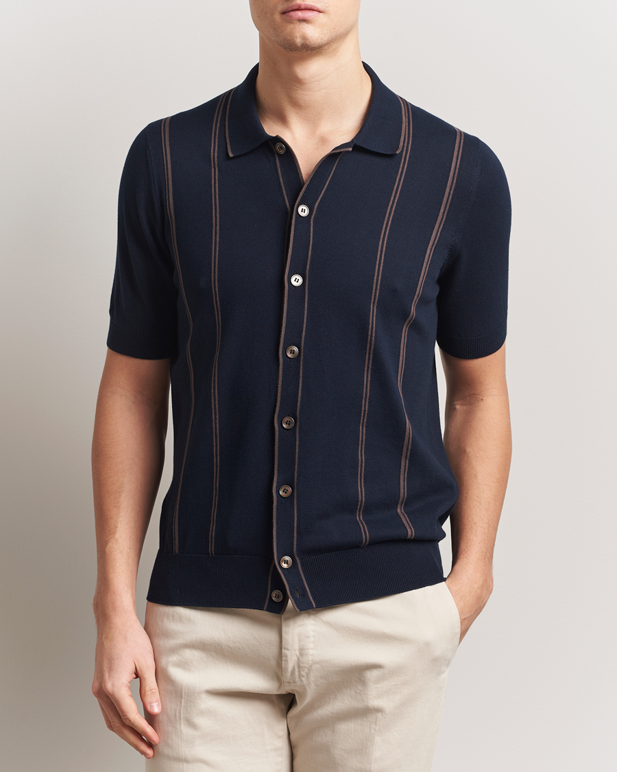 Uomini | Camicie | Gran Sasso | Cotton Knitted Striped Short Sleeve Shirt Navy