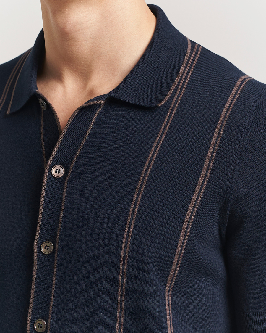 Uomini | Camicie | Gran Sasso | Cotton Knitted Striped Short Sleeve Shirt Navy