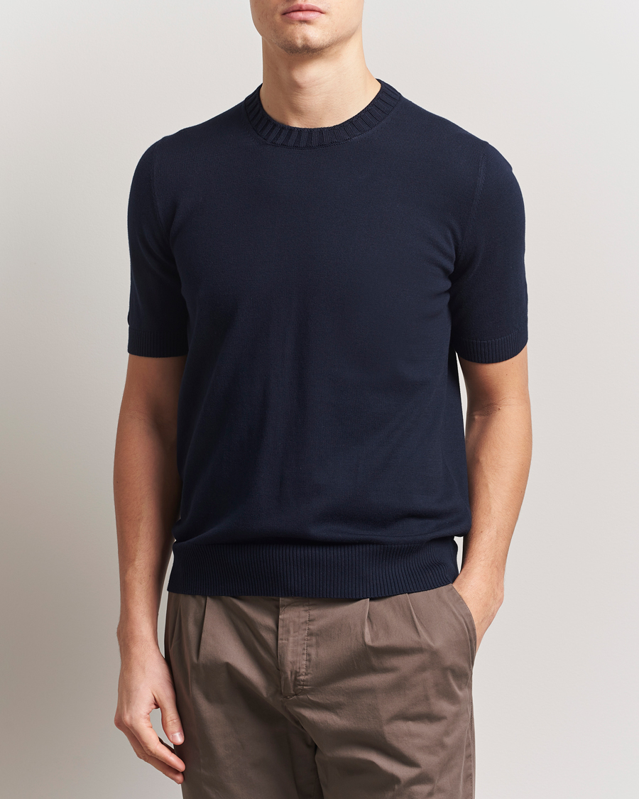 Uomini | T-shirt | Gran Sasso | Cotton Heavy Knitted Crew Neck T-Shirt Navy