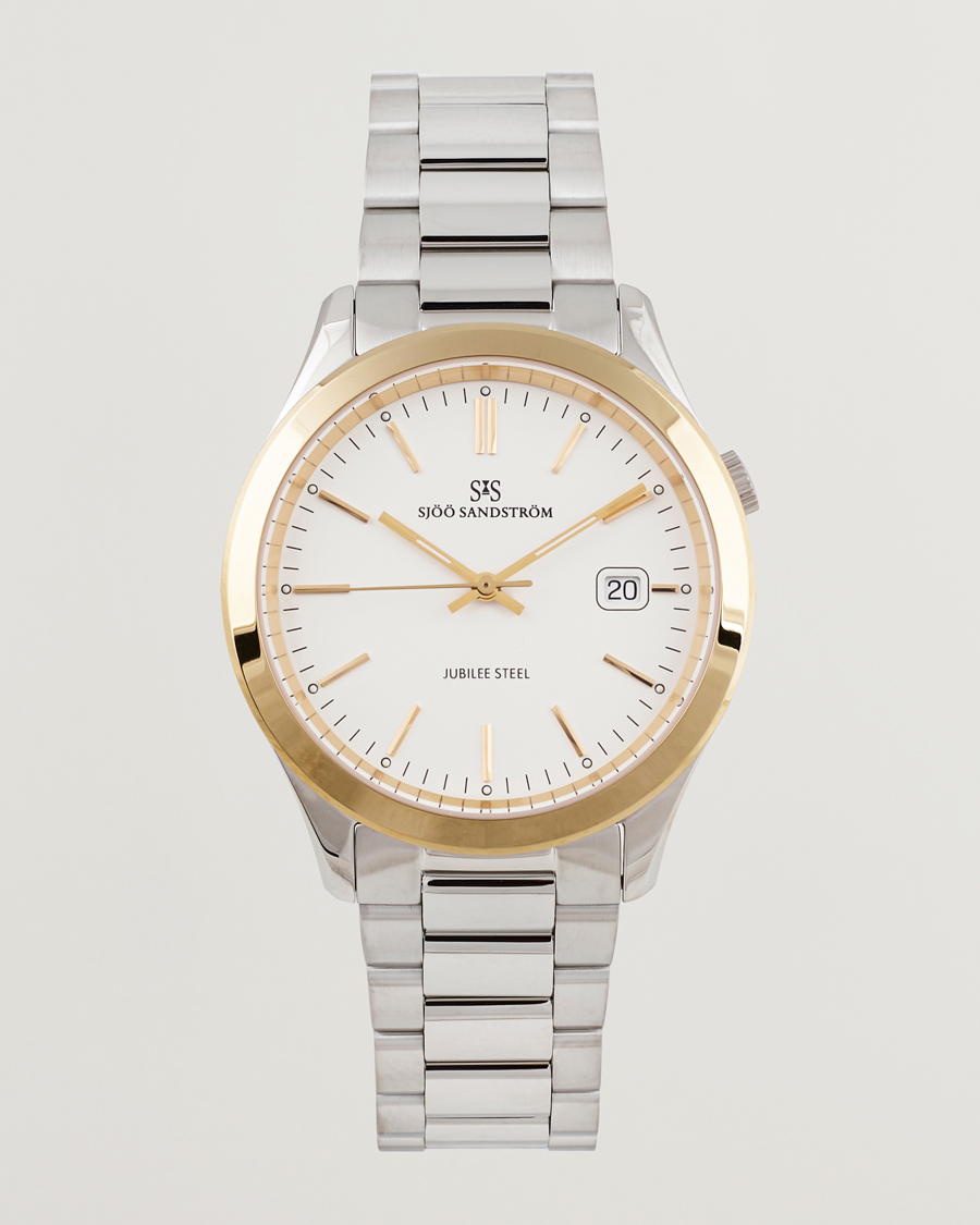 Uomini | Sjöö Sandström Jubilee Steel Quartz 40mm Gold Bezel White/Steel | Sjöö Sandström | Jubilee Steel Quartz 40mm Gold Bezel White/Steel