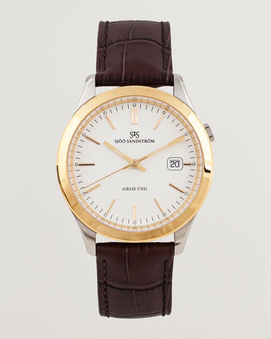 Uomini | Sjöö Sandström Jubilee Steel Quartz 40mm Gold Bezel White/Brown Calf | Sjöö Sandström | Jubilee Steel Quartz 40mm Gold Bezel White/Brown Calf