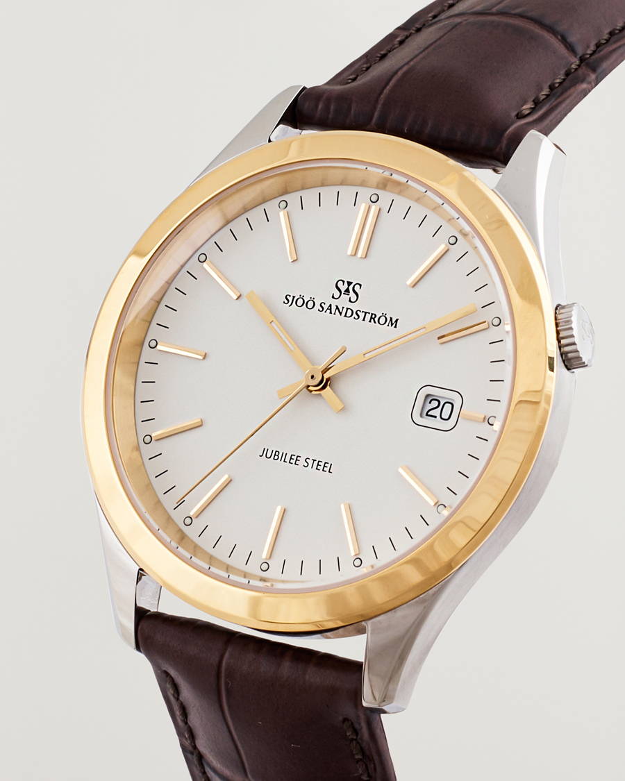 Uomini | Sjöö Sandström Jubilee Steel Quartz 40mm Gold Bezel White/Brown Calf | Sjöö Sandström | Jubilee Steel Quartz 40mm Gold Bezel White/Brown Calf