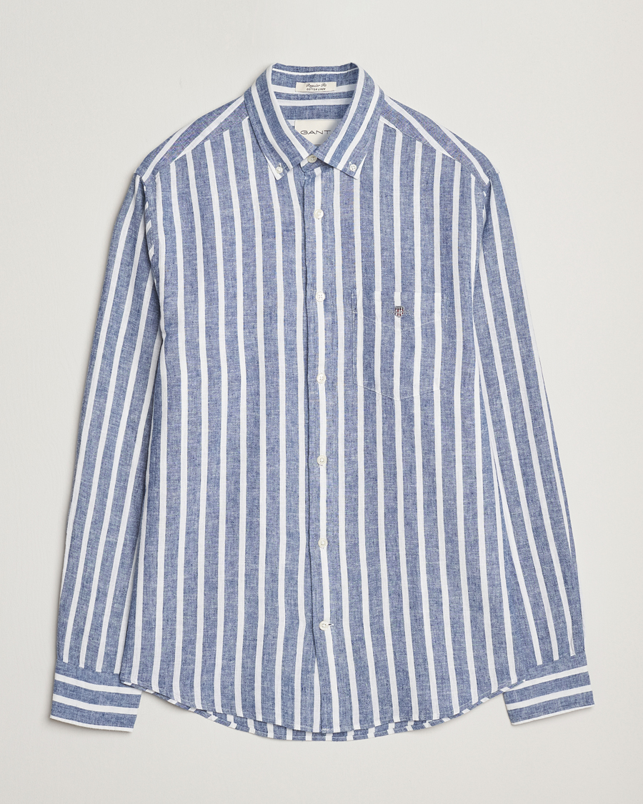 Uomini | Camicie | GANT | Regular Fit Cotton/Linen Striped Shirt Rich Blue