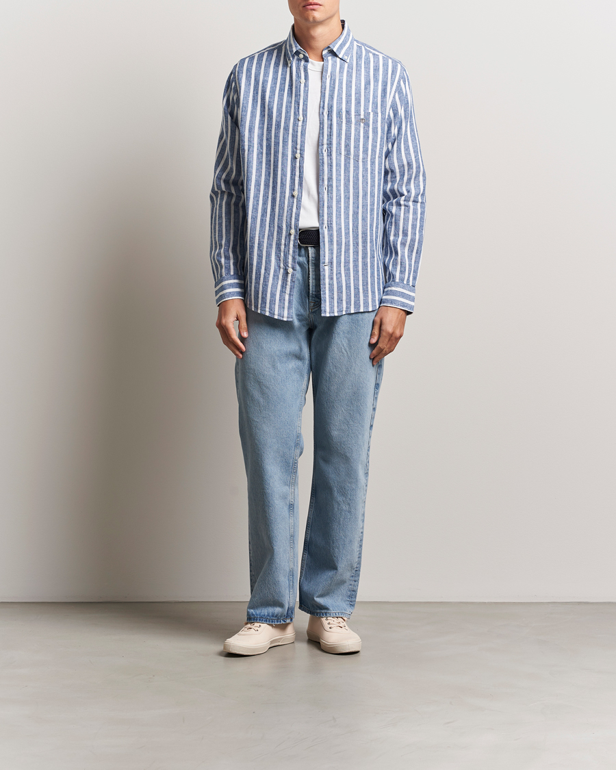 Uomini | Camicie | GANT | Regular Fit Cotton/Linen Striped Shirt Rich Blue