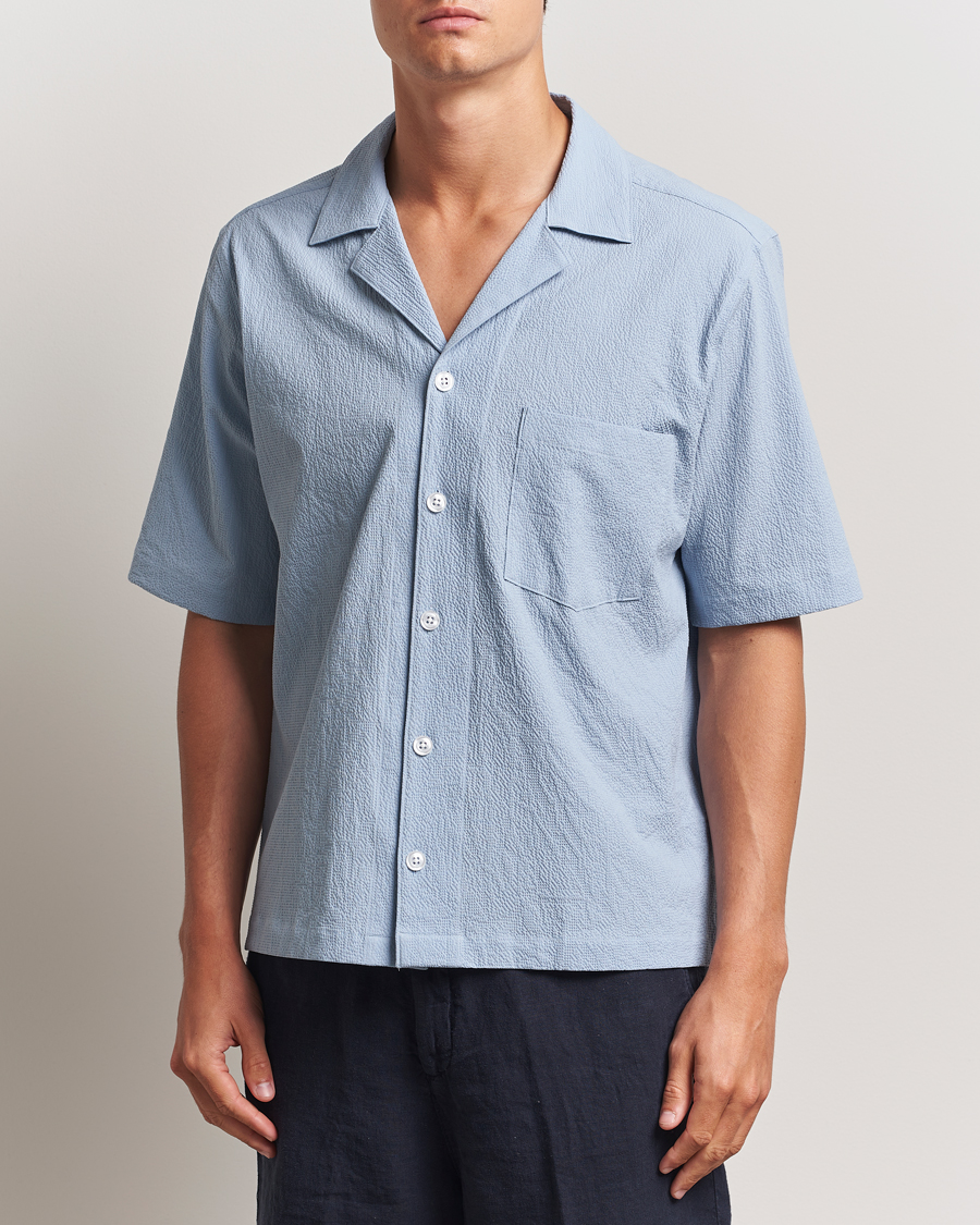 Uomini | Camicie | Oscar Jacobson | Reg Fit Cuba Seersucker Shirt Light Blue