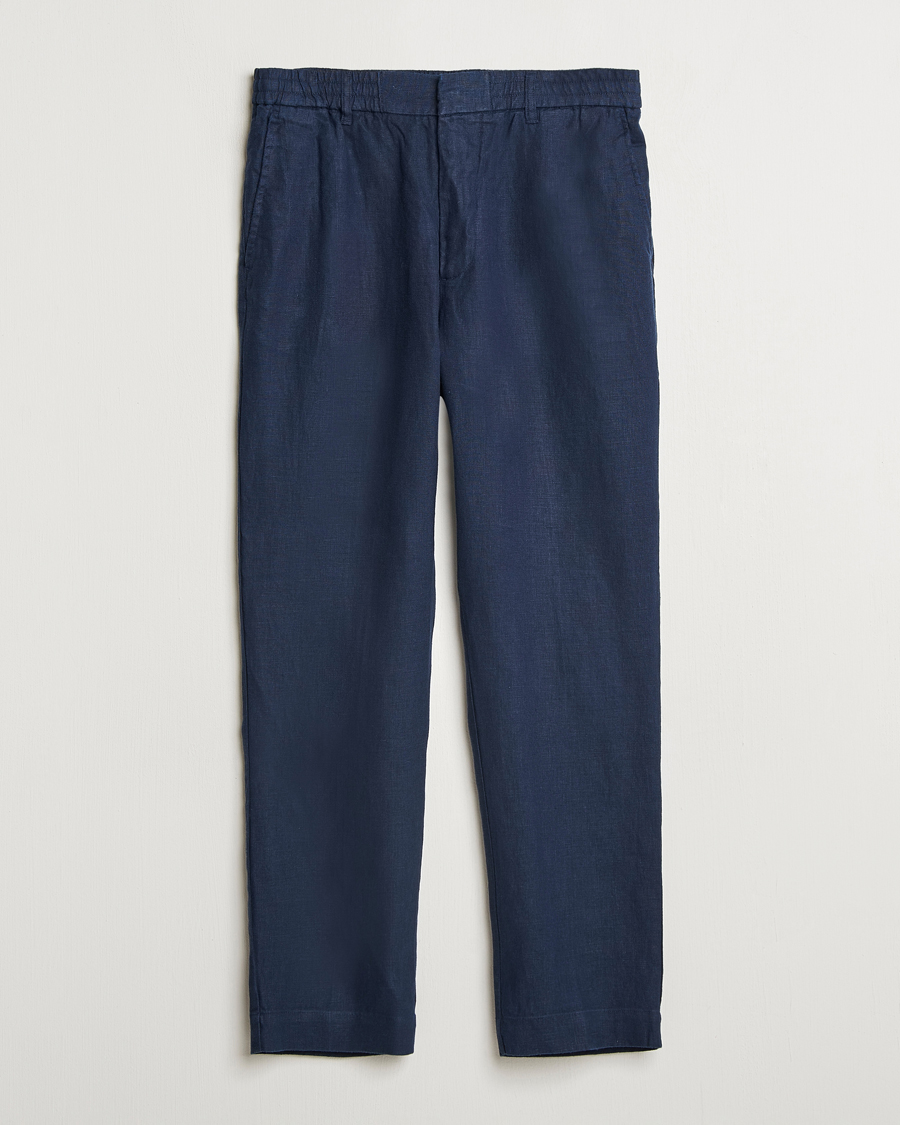 Uomini | Pantaloni | NN07 | Billie Linen Drawstring Trousers Navy Blue