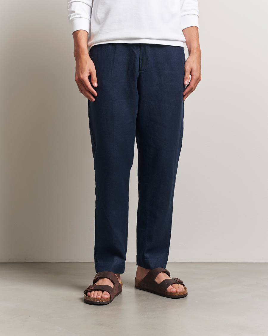 Uomini | Pantaloni | NN07 | Billie Linen Drawstring Trousers Navy Blue
