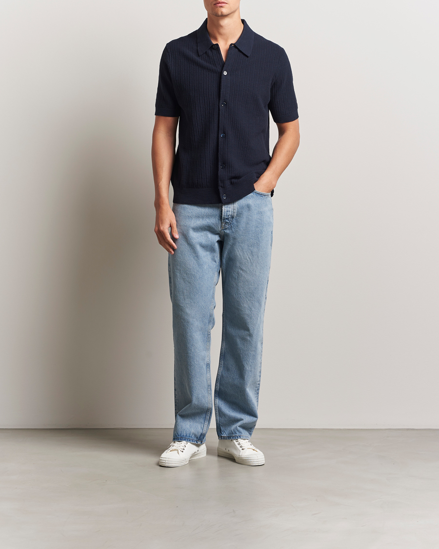 Uomini | Camicie | NN07 | Nolan Knitted Short Sleeve Shirt Navy Blue