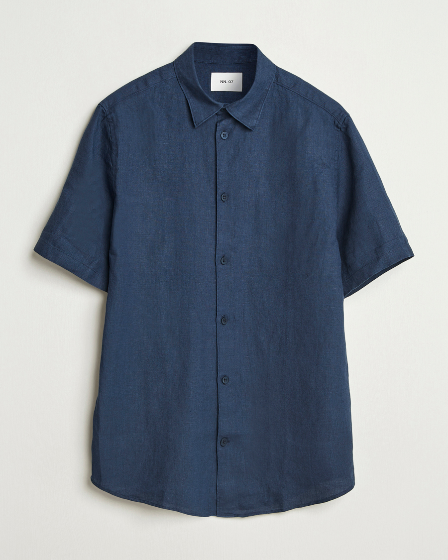 Uomini | Camicie | NN07 | Enzo Linen Short Sleeve Shirt Navy Blue