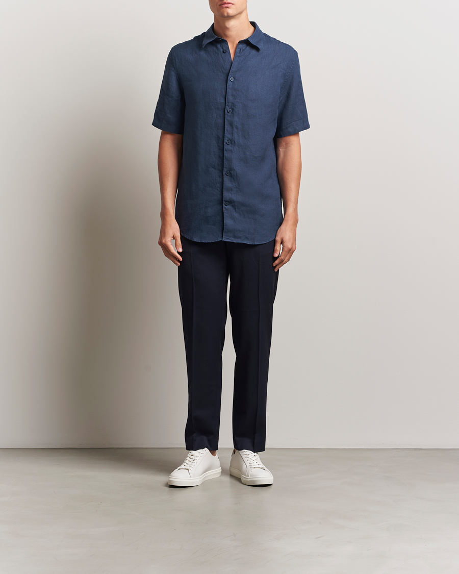 Uomini | Camicie | NN07 | Enzo Linen Short Sleeve Shirt Navy Blue