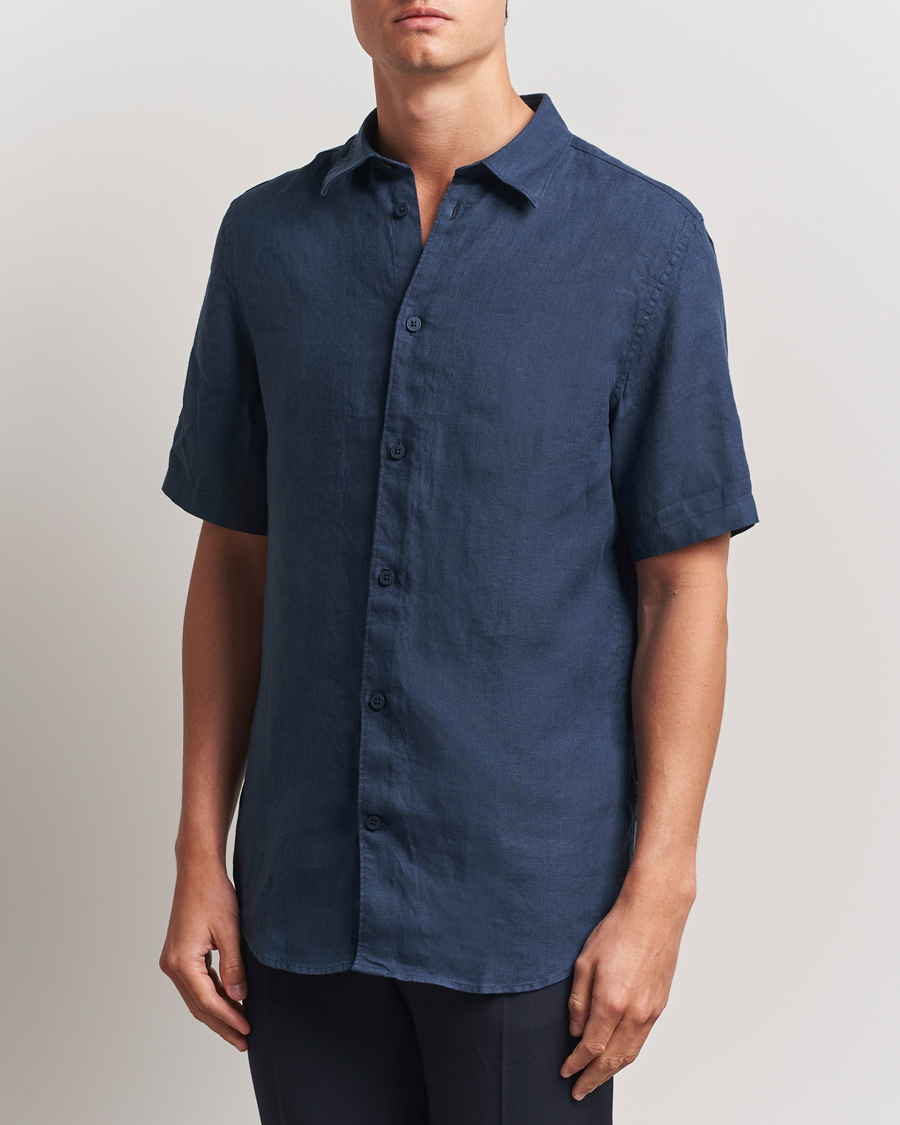 Uomini | Camicie | NN07 | Enzo Linen Short Sleeve Shirt Navy Blue