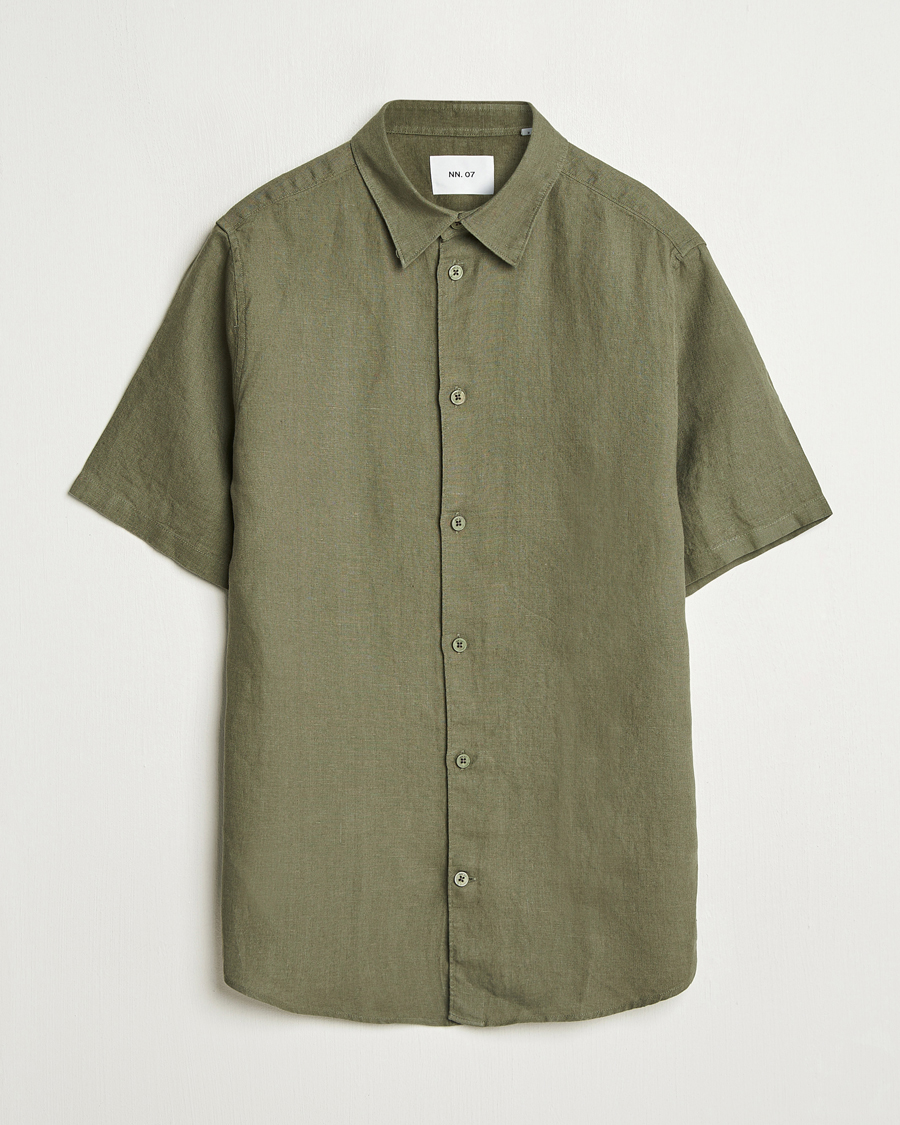Uomini | Camicie | NN07 | Enzo Linen Short Sleeve Shirt Capers Green