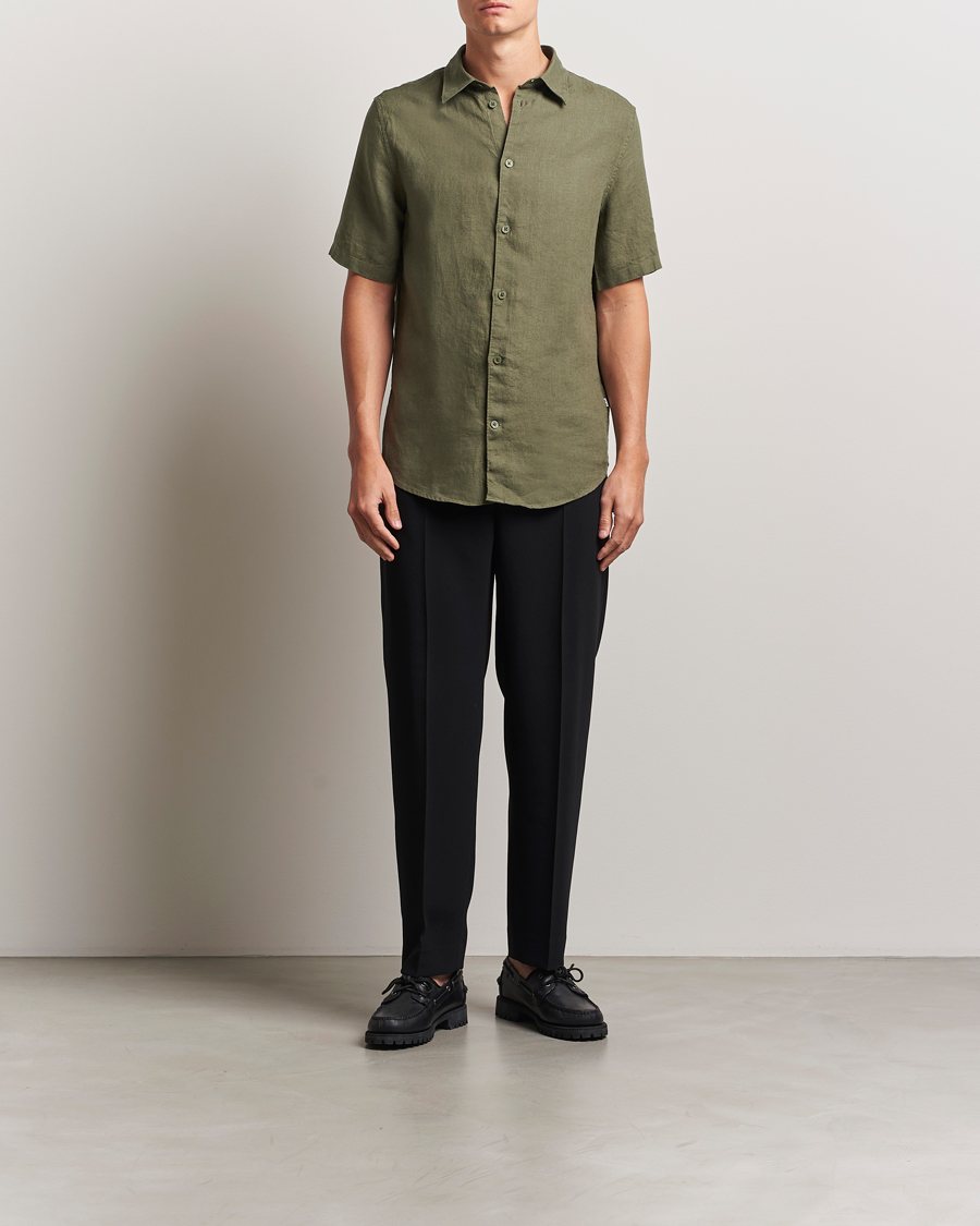 Uomini | Camicie | NN07 | Enzo Linen Short Sleeve Shirt Capers Green