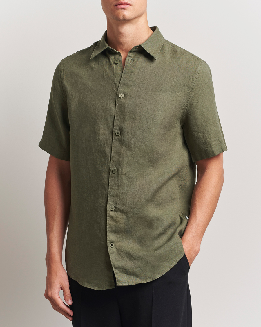 Uomini | Camicie | NN07 | Enzo Linen Short Sleeve Shirt Capers Green