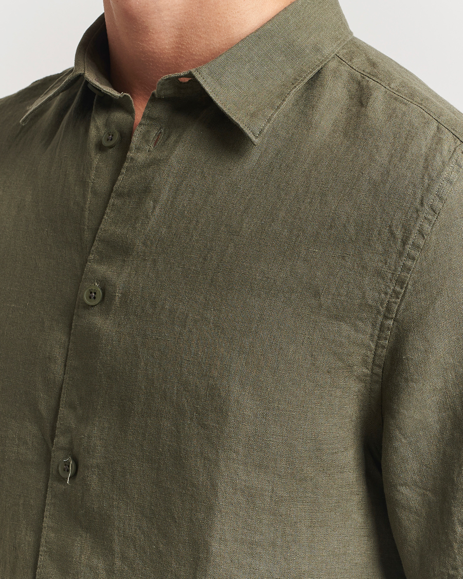 Uomini | Camicie | NN07 | Enzo Linen Short Sleeve Shirt Capers Green