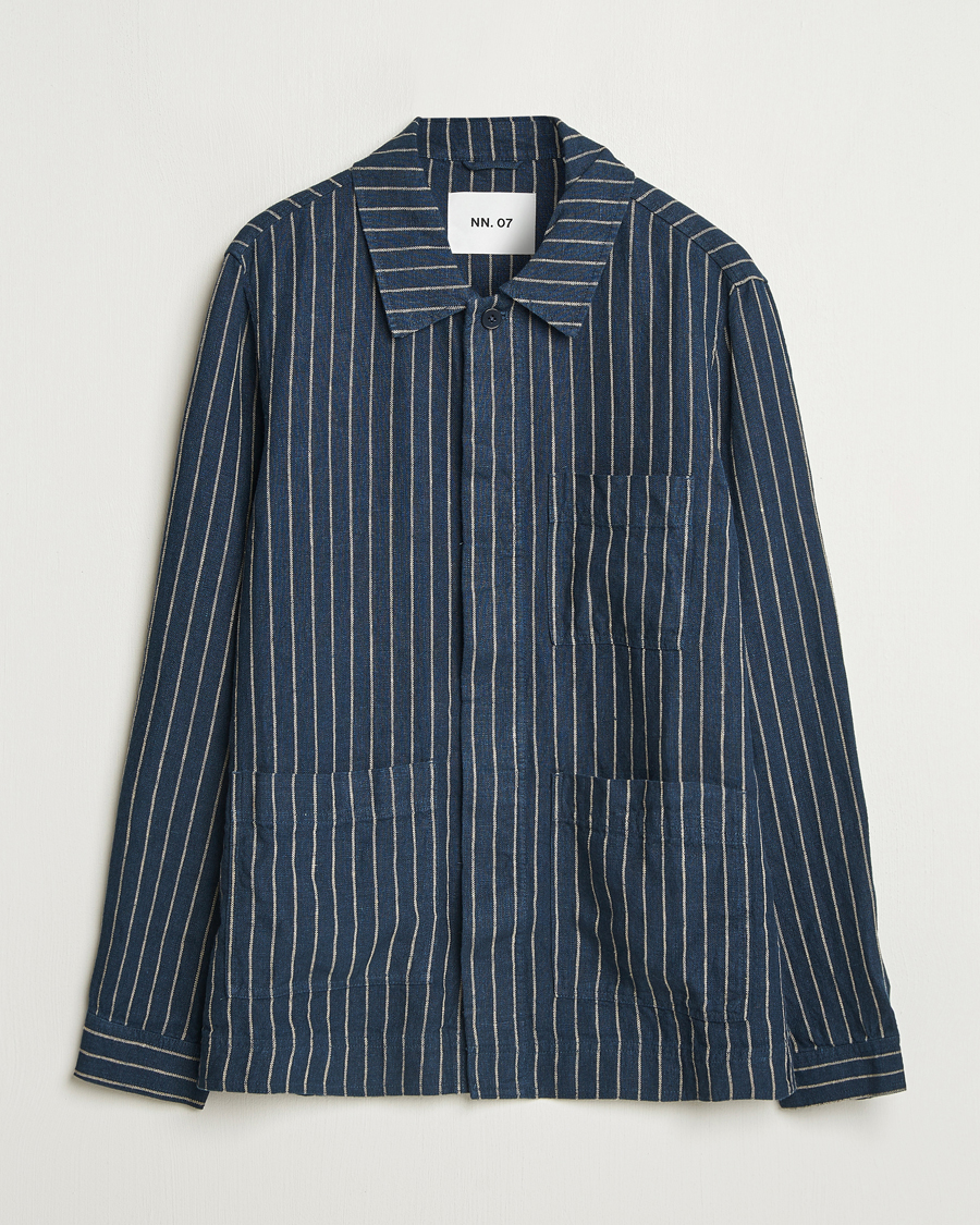 Uomini | Camicie | NN07 | Olav Linen Pinstriped Overshirt Navy Blue
