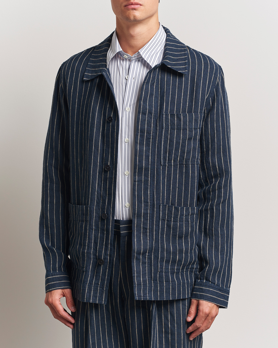 Uomini | Camicie | NN07 | Olav Linen Pinstriped Overshirt Navy Blue