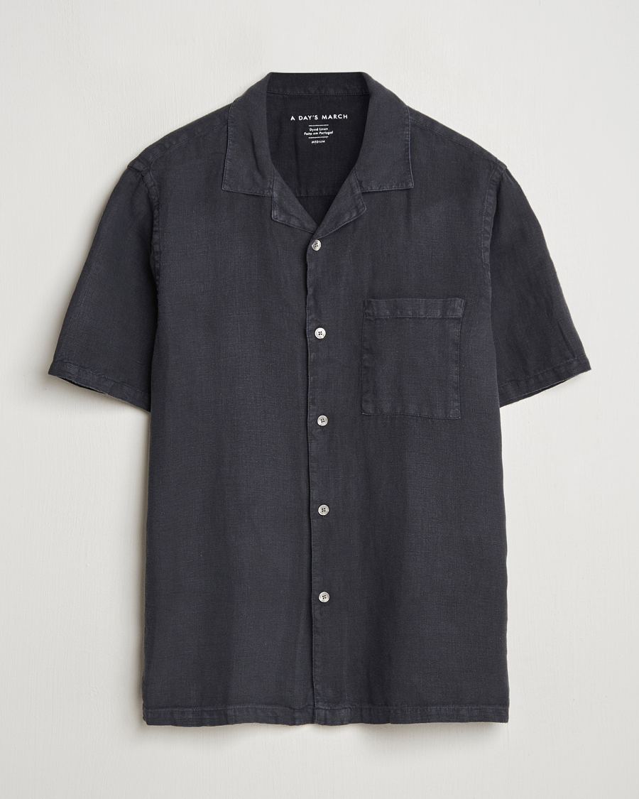 Uomini | Camicie | A Day's March | Yamu Linen Short Sleeve Shirt Off Black