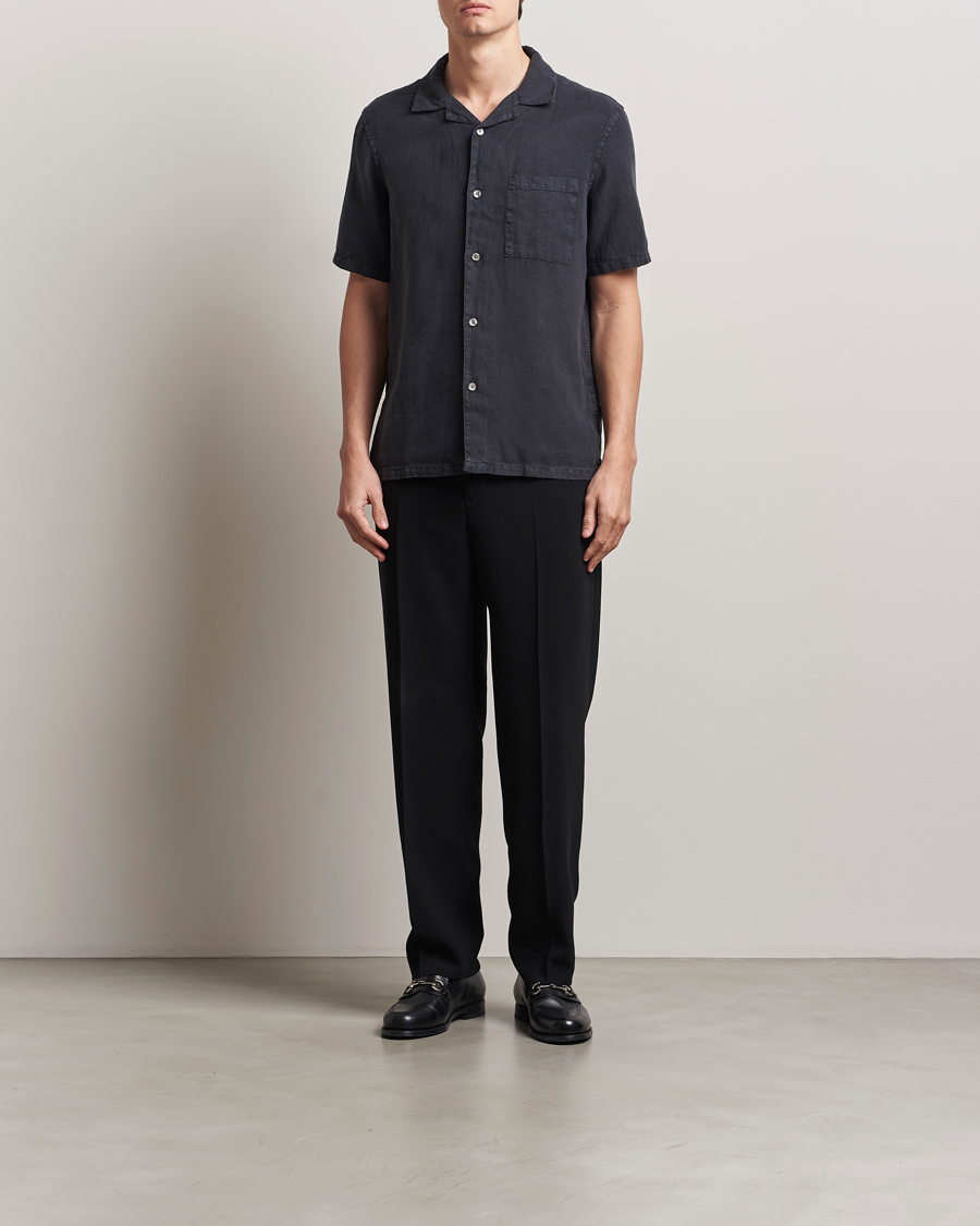 Uomini | Camicie | A Day's March | Yamu Linen Short Sleeve Shirt Off Black