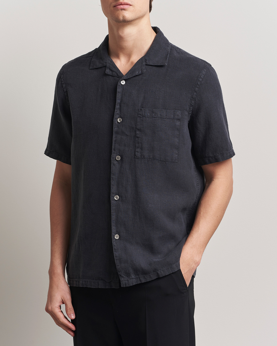 Uomini | Camicie | A Day's March | Yamu Linen Short Sleeve Shirt Off Black