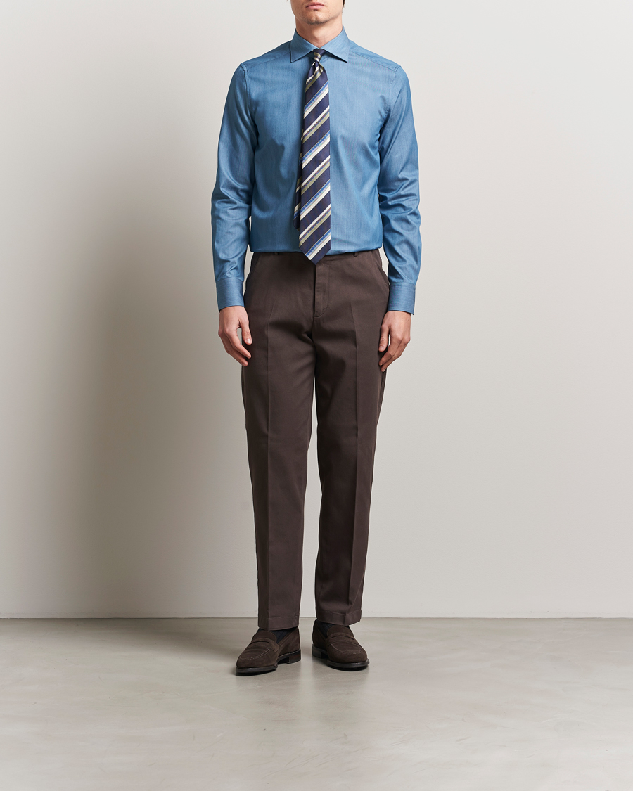 Uomini | Camicie | Stenströms | 1899 Slim Twofold Cotton Denim Shirt Mid Blue
