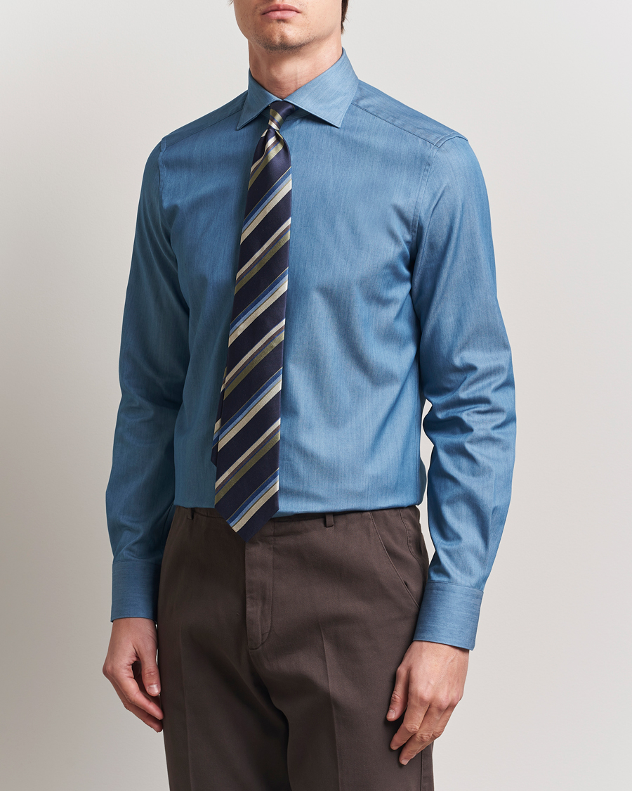 Uomini | Camicie | Stenströms | 1899 Slim Twofold Cotton Denim Shirt Mid Blue