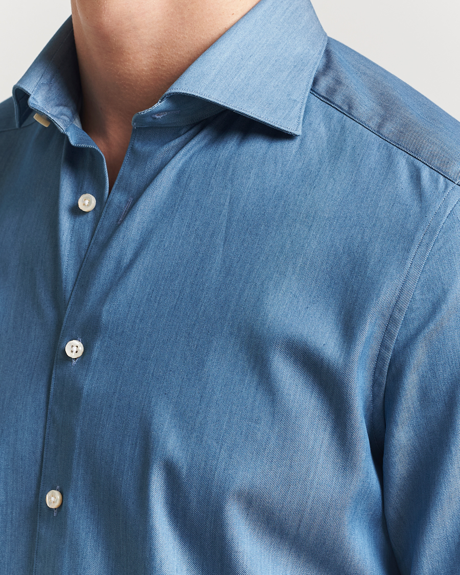 Uomini | Camicie | Stenströms | 1899 Slim Twofold Cotton Denim Shirt Mid Blue