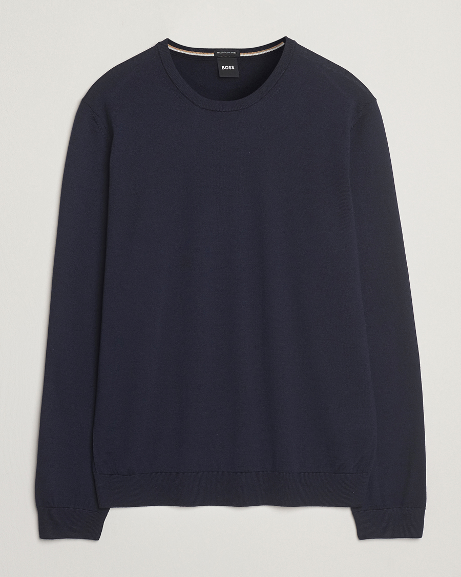 Uomini | Maglieria | BOSS BLACK | Leno Wool Crew Neck Pullover Dark Blue