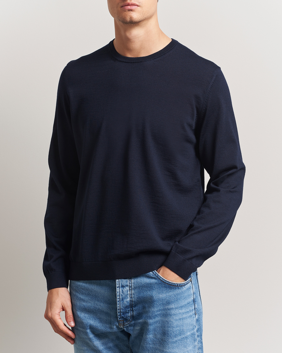 Uomini | Maglieria | BOSS BLACK | Leno Wool Crew Neck Pullover Dark Blue