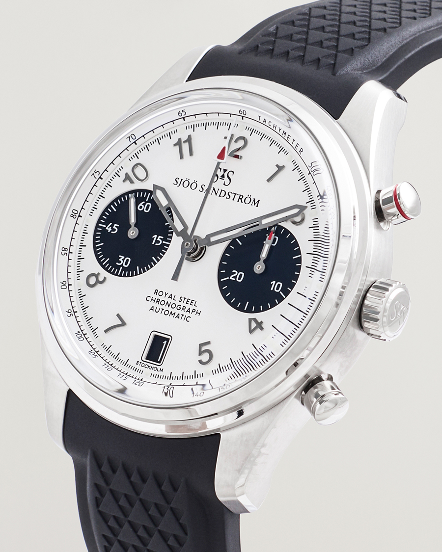 Uomini | Sjöö Sandström Royal Steel Chronograph 40mm Black Rubber White Dial | Sjöö Sandström | Royal Steel Chronograph 40mm Black Rubber White Dial