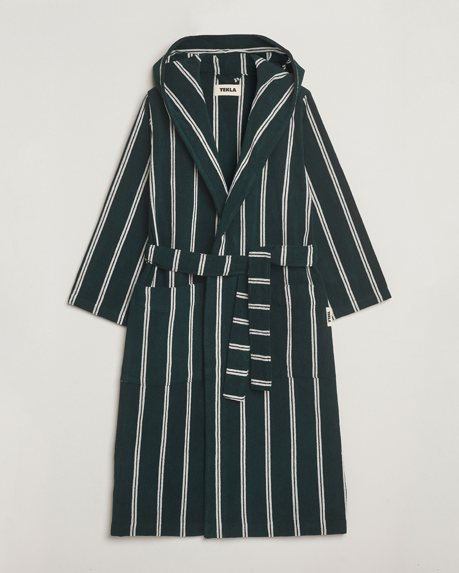 Uomini | Accappatoi & Pigiami | Tekla | Organic Terry Hooded Bathrobe Forest Green Stripes