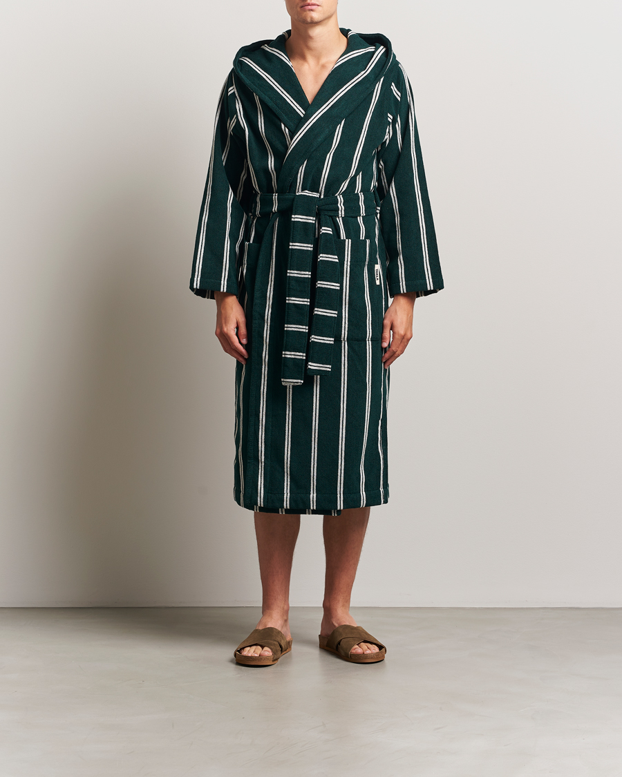 Uomini | Accappatoi & Pigiami | Tekla | Organic Terry Hooded Bathrobe Forest Green Stripes