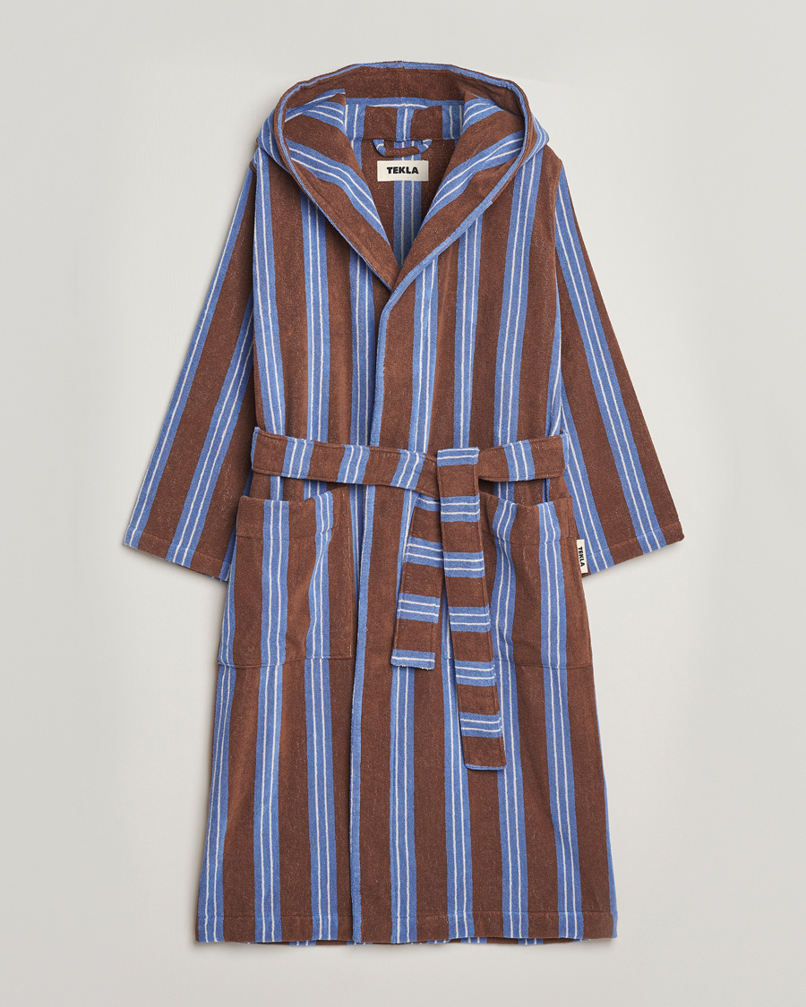 Uomini | Accappatoi & Pigiami | Tekla | Organic Terry Hooded Bathrobe Chestnut Stripes