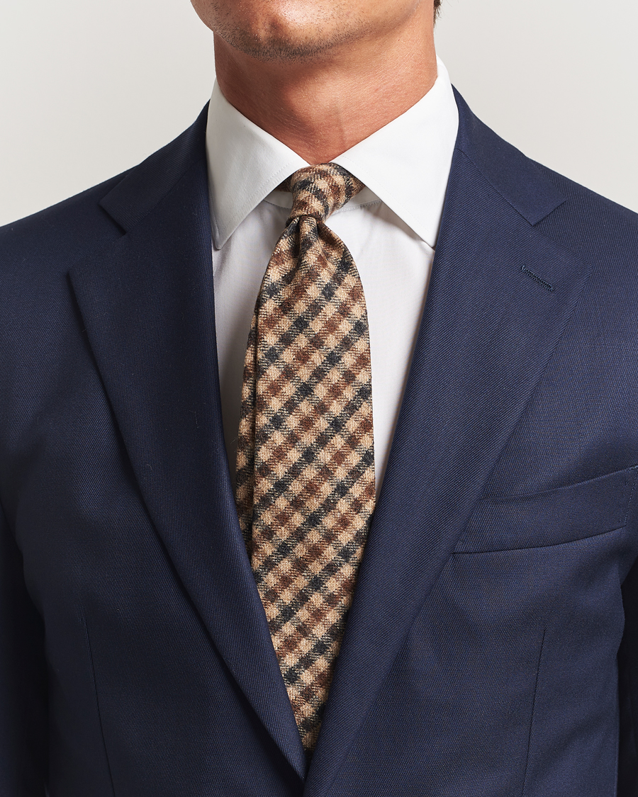 Uomini | Amanda Christensen Wool Checked 8cm Tie Beige Multi | Amanda Christensen | Wool Checked 8cm Tie Beige Multi