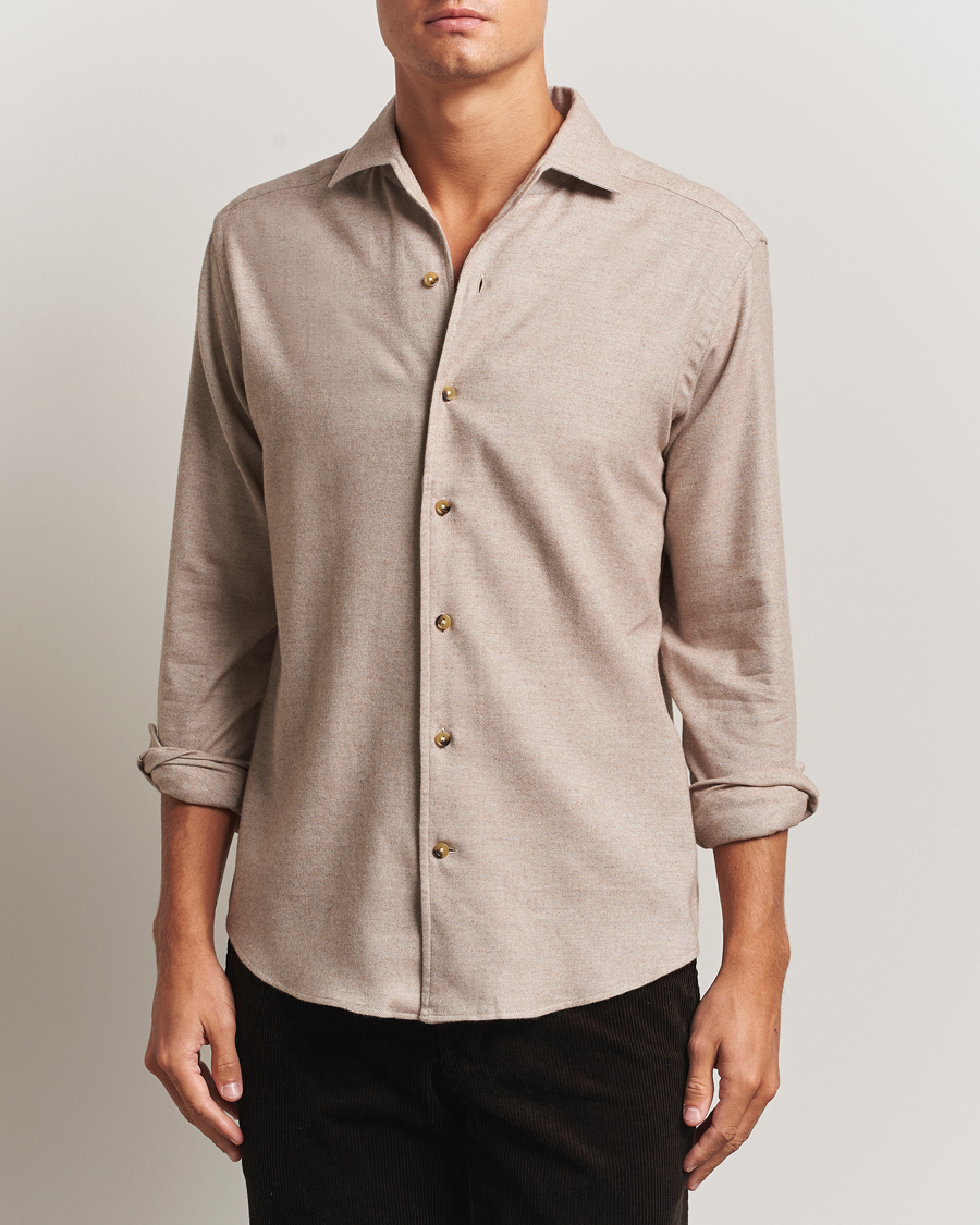 Uomini | Camicie | Eton | Casual Fit One Piece Collar Flannel Shirt Beige