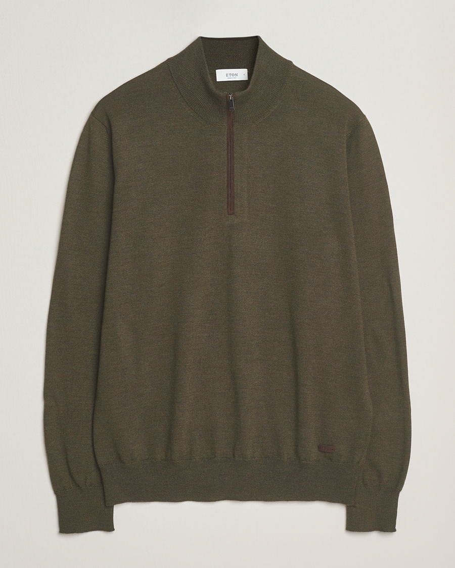 Uomini | Maglieria | Eton | Merino Knitted Half Zip Dark Green