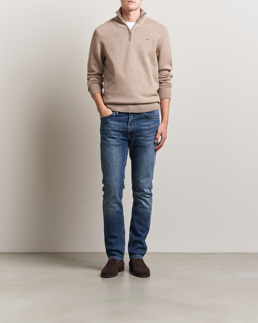 Uomini | Maglieria | GANT | Casual Cotton Half Zip Dark Sand Melange