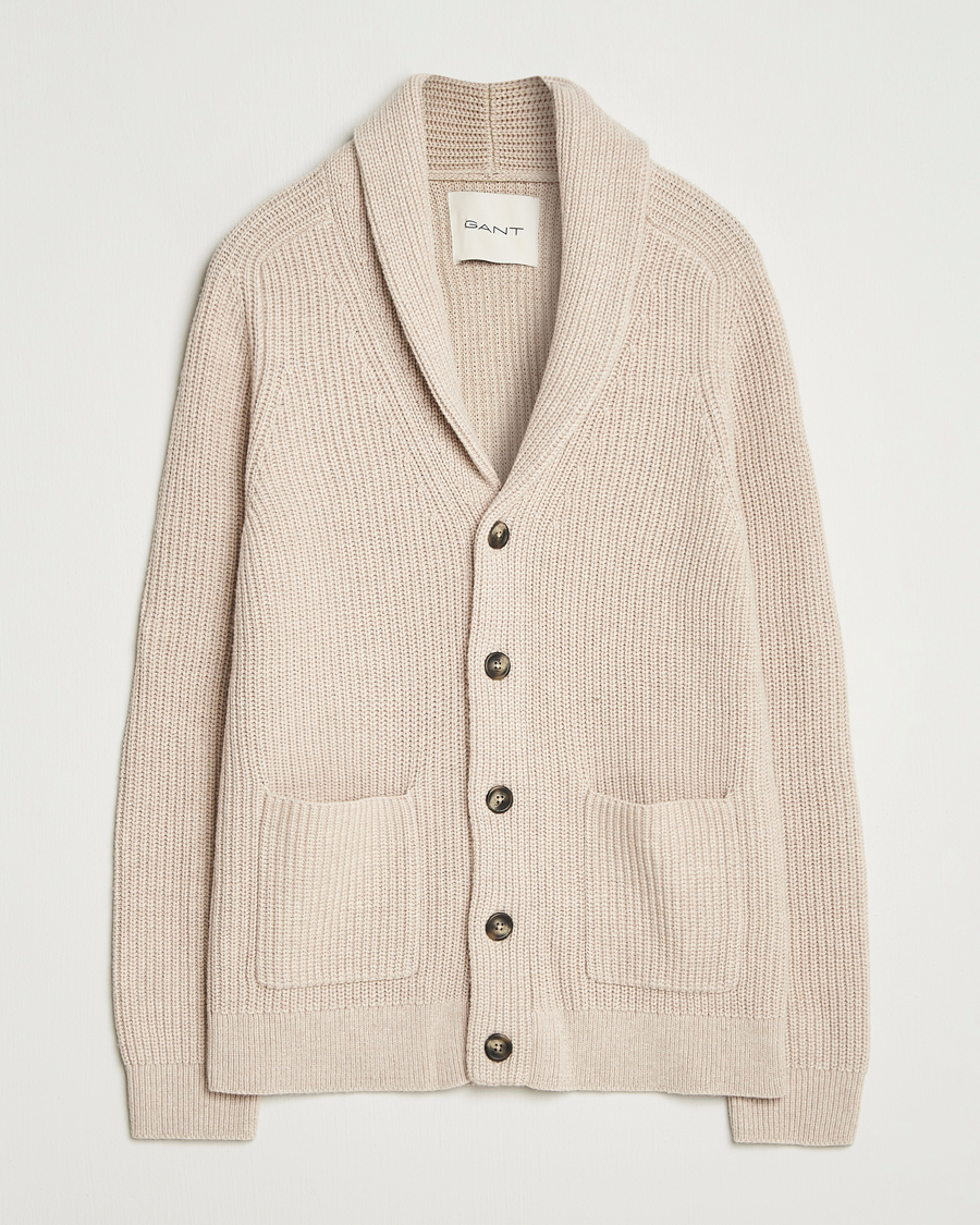 Uomini | Maglieria | GANT | Wool Knitted Shawl Collar Cardigan Light Beige Melange