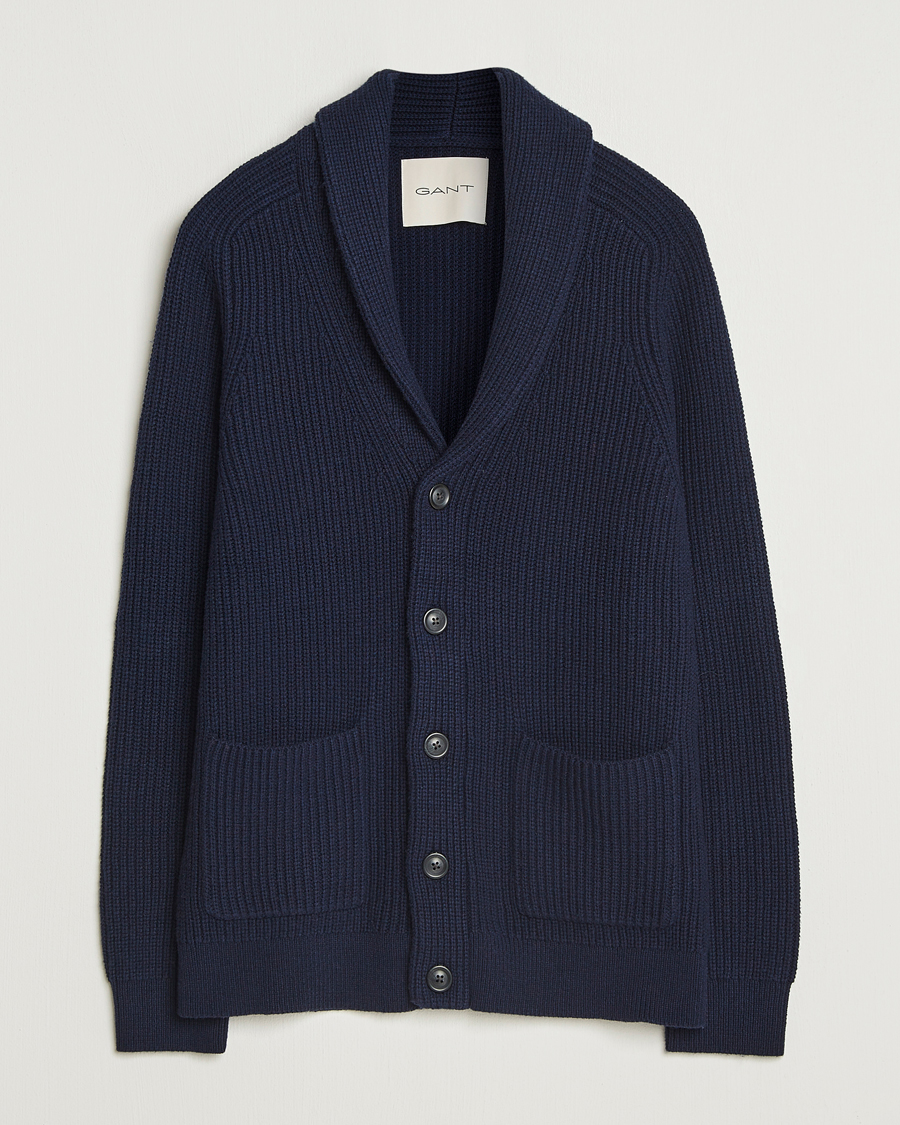 Uomini | Maglieria | GANT | Wool Knitted Shawl Collar Cardigan Evening Blue