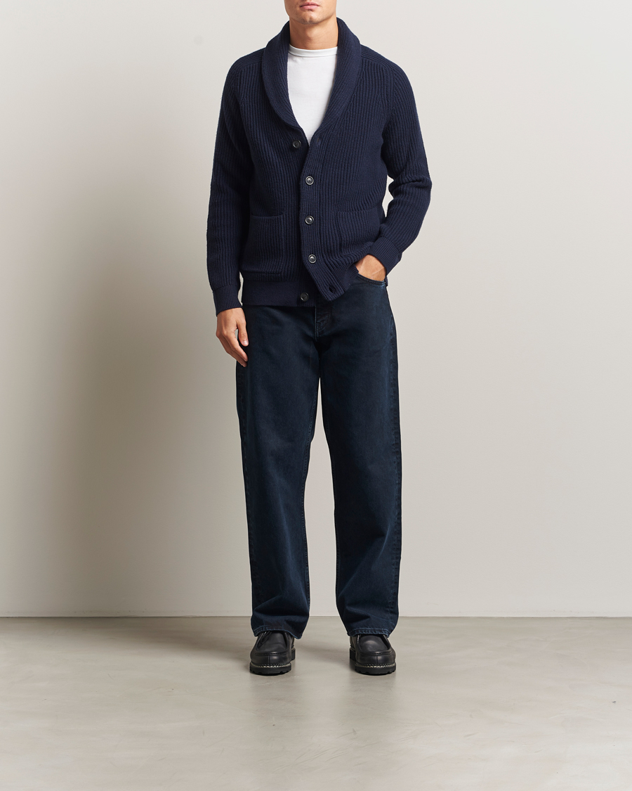 Uomini | Maglieria | GANT | Wool Knitted Shawl Collar Cardigan Evening Blue