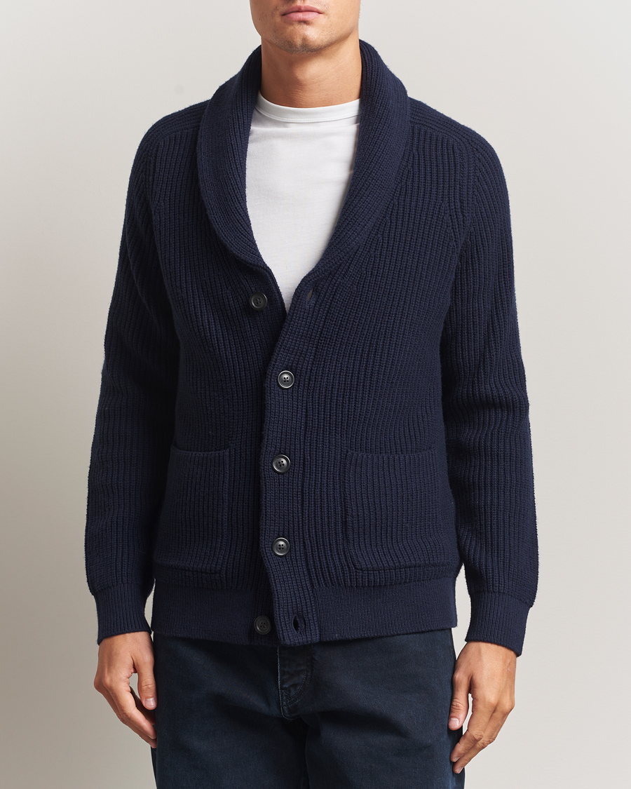 Uomini | Maglieria | GANT | Wool Knitted Shawl Collar Cardigan Evening Blue
