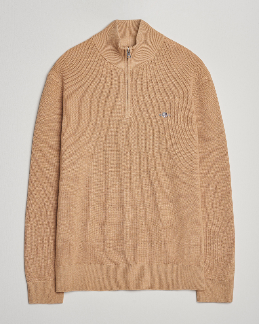Uomini | Maglieria | GANT | Cotton/Merino Ribbed Half Zip Khaki Melange