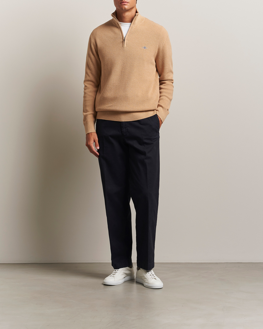 Uomini | Maglieria | GANT | Cotton/Merino Ribbed Half Zip Khaki Melange