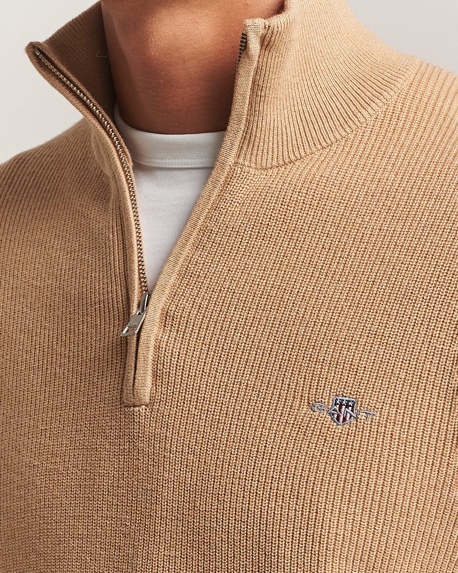Uomini | Maglieria | GANT | Cotton/Merino Ribbed Half Zip Khaki Melange