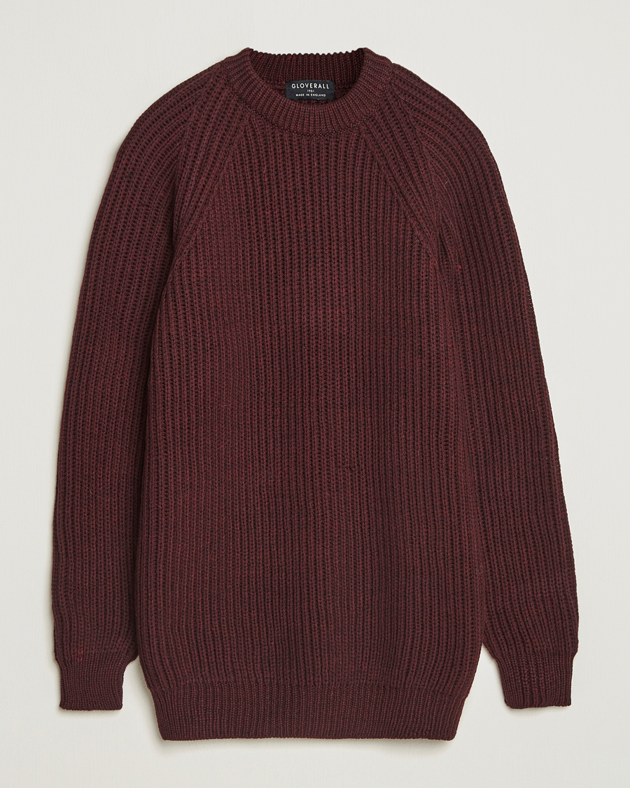 Uomini | Maglieria | Gloverall | Fisherman Rib Chunky Wool Crew Neck Burgundy