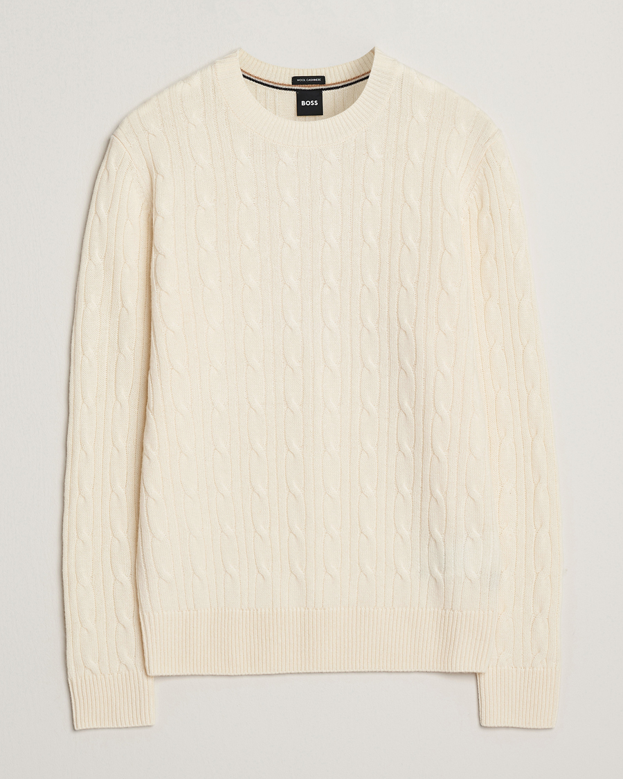 Uomini | Maglieria | BOSS BLACK | Hetico Wool/Cashmere Cable Sweater Open White