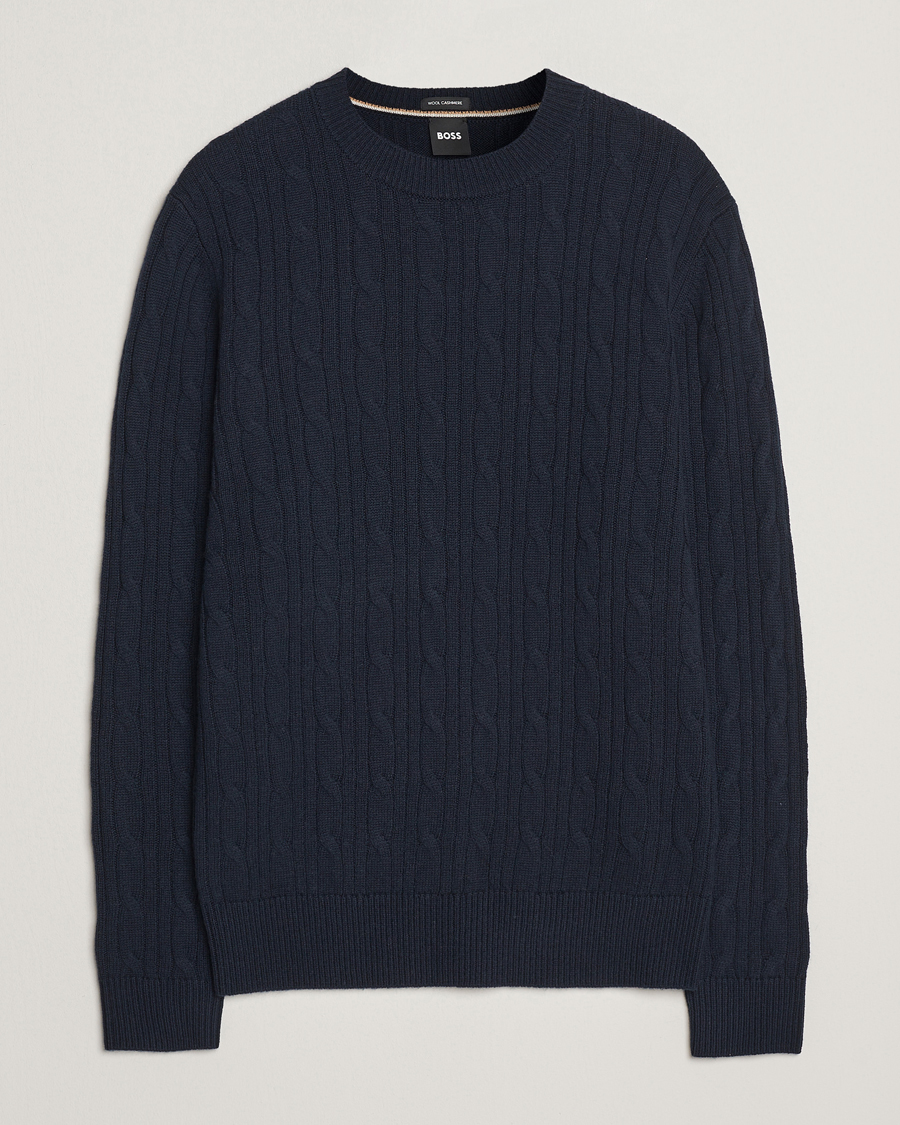Uomini | Maglieria | BOSS BLACK | Hetico Wool/Cashmere Cable Sweater Dark Blue
