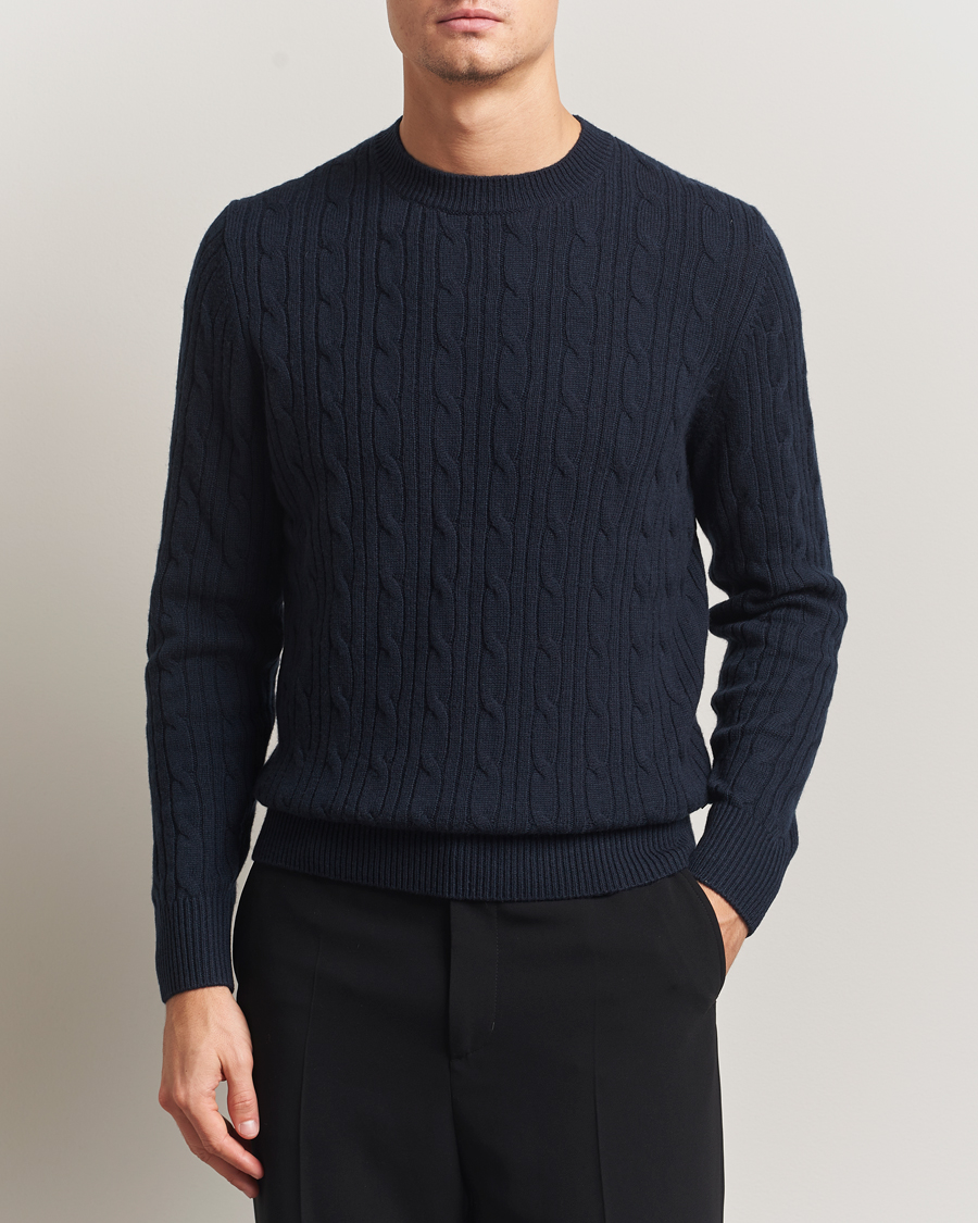 Uomini | Maglieria | BOSS BLACK | Hetico Wool/Cashmere Cable Sweater Dark Blue