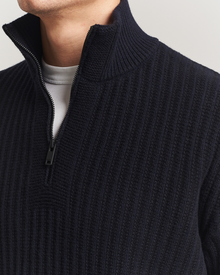 Uomini | Maglieria | BOSS ORANGE | Kwinter Ribbed Wool Knitted Half Zip Dark Blue