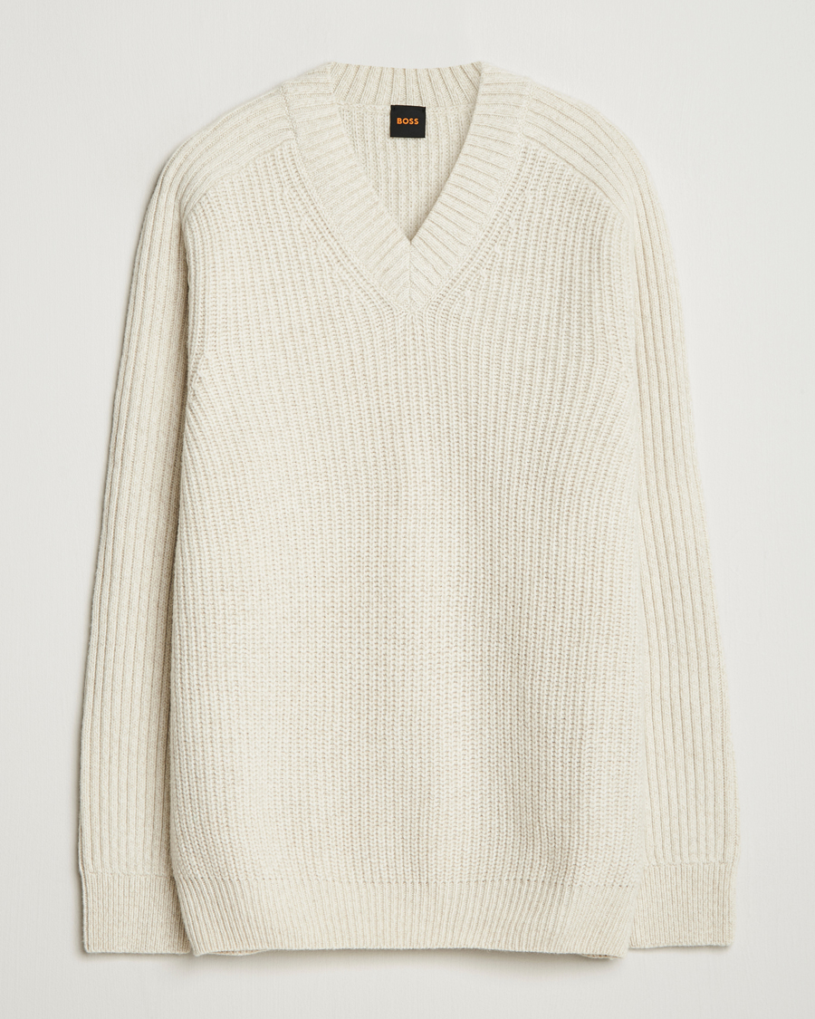 Uomini | Maglieria | BOSS ORANGE | Karinet Ribbed Wool Knitted V-Neck Light Beige